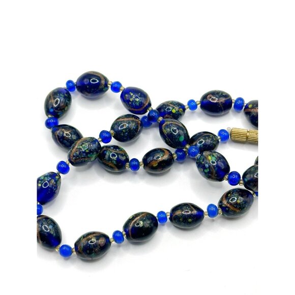 Murano Art Glass Bead Necklace Blue & Gold Stone Swirl. For  Vintage Art Glass Necklace Goldstone‎ Swirl Spattered Glass Beads